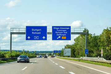 freeway road signs on Autobahn A81 showing exit to Villingen-Schwenningen