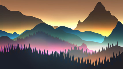Fototapeta na wymiar Abstract Sunrise Mountains with Lake and Pine Forest - Vector Illustration