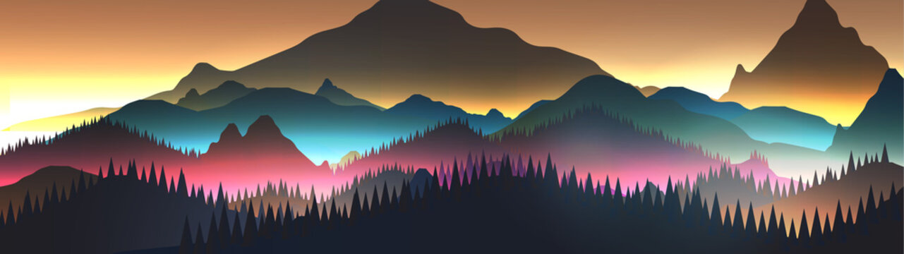 Abstract Sunrise Panorama Mountains with Lake and Pine Forest - Vector Illustration.