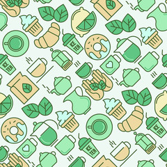 Green tea ceremony seamless pattern with thin line icons. Vector illustration for background of web page, banner and print media.
