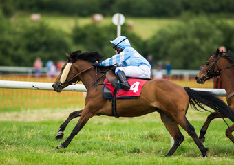 Young jockey and pony galloping on a race track