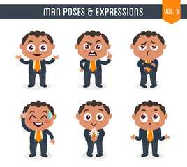 Fototapeta premium Cartoon character of a black man in different poses. Isolated on white background. Body gestures and facial expressions. Set 3 of 8.