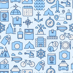 Travel and vacation seamless pattern with thin line icons: plane, tickets, hotel, sights. Vector illustration for background of banner, web page, print media.