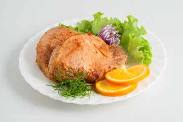 Beef pork barbecue kebab on skewer on a white plate