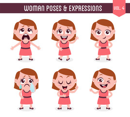 Cartoon character of a woman in different poses. Isolated on white background. Body gestures and facial expressions. Set 4 of 8.