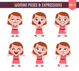 Cartoon character of a woman in different poses. Isolated on white background. Body gestures and facial expressions. Set 5 of 8.