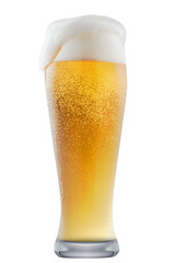 Mug of frosty light beer with foam isolated on a white background