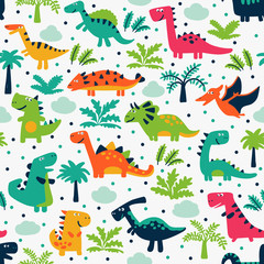 Fototapeta na wymiar Adorable seamless pattern with funny dinosaurs in cartoon