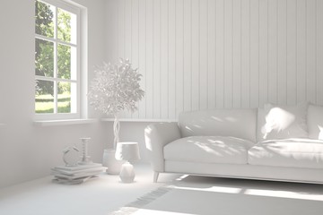 White room with sofa. Scandinavian interior design. 3D illustration