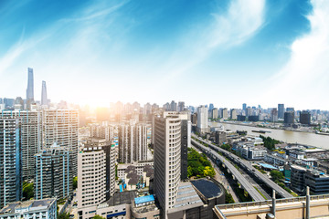 Shanghai city view, with oriental pearl tower, landmark of Shanghai, beside huangpu riv