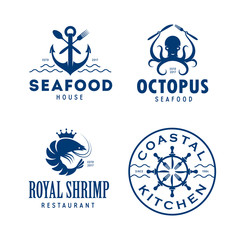 Seafood related labels badges emblems set. Vector vintage illustration.