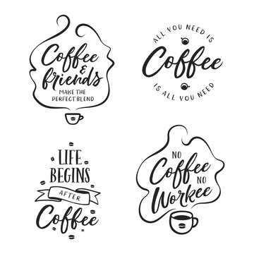 Hand drawn coffee related quotes set. Vector vintage illustration.