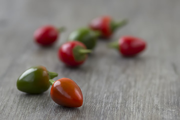 Red and green chili peppers  on gray background.