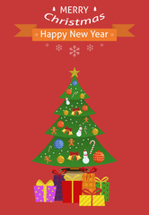 Obraz na płótnie Canvas New Year card. Christmas card. Decorated Christmas tree with gifts. Flat design