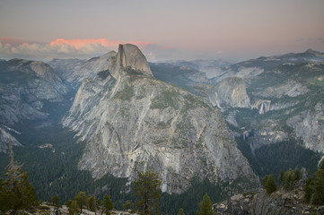 North Dome, Tenaya Canyon, Half Dome and Cloud's Rest, Little Yosemite Valley, Liberty Cap, Nevada and Vernal Falls from Glacier Point, Yosemite, California, USA