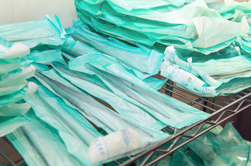 Close up sterilized packaged surgical instruments. Selective focus