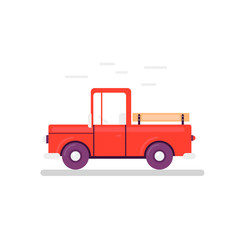 Flat illustration of cartoon delivery pickup. Agriculture. Isolated on white background. Red truck delivery side view. Simple geometric shapes.