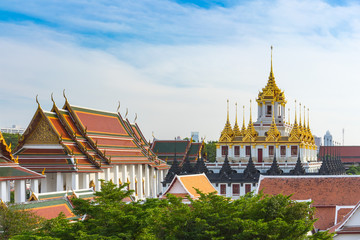 Loha Prasat Metal Palace in Bangkok Thailand in Wat Ratchanaddaram temple after renovation in early 2016