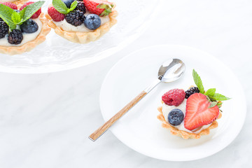 Mini tarts on the plate close up. Homemade dessert with delicious catalonian traditional cream and fresh berries