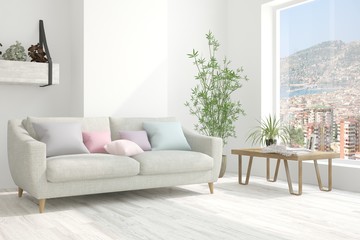 White room with sofa and urban landscape in window. Scandinavian interior design. 3D illustration