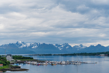 Small harbor in downtown of Boroya, Norway
