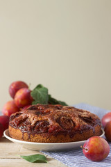 Plum pie or cake with cinnamon and sugar. Plum cake from the newspaper New York Times . Selective focus.