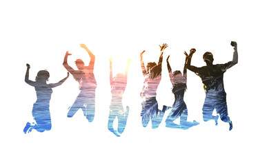 Fototapeta premium Silhouette of jumping friends with background of the beach