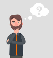 Man is thinking. Question mark.