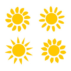 Four Different Yellow Sun Icons on White Background Vector Illustration