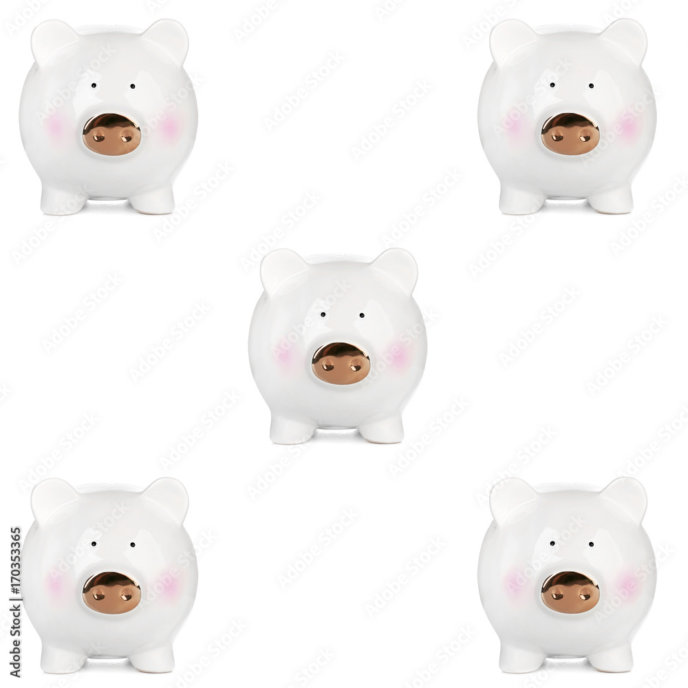 Wall mural Piggy banks on white background