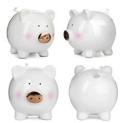 Different views of piggy bank on white background