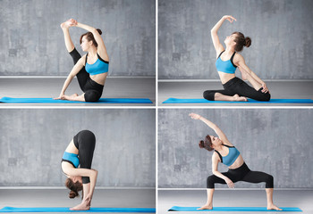 Collage of young woman practicing yoga on grunge wall background