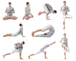 Collage of young man practicing yoga on white background