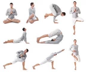 Fototapeten Collage of young man practicing yoga on white background © Africa Studio