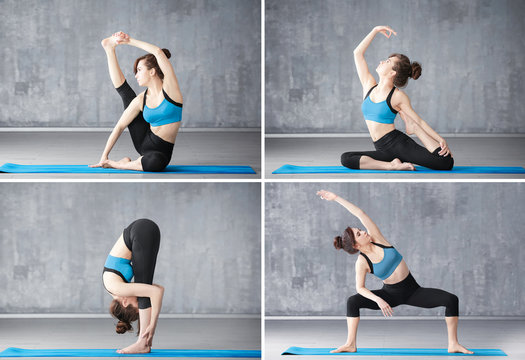 Collage of young woman practicing yoga on grunge wall background