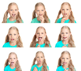 Collage of little girl using special tools on white background. Speech therapy concept