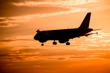 Airplane landing at sunset
