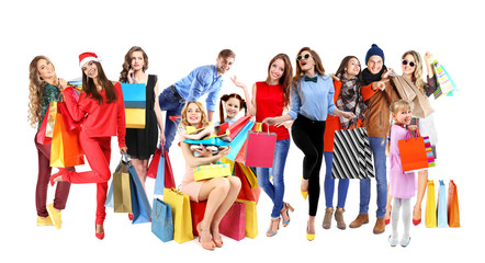Happy people with shopping bags on white background