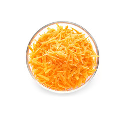 Bowl with grated carrot on white background