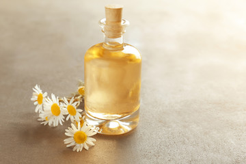 Obraz na płótnie Canvas Bottle of essential oil with fresh chamomiles on table