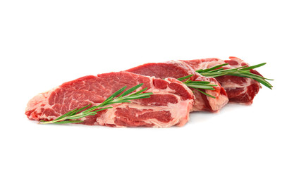 Fresh raw meat with rosemary on white background