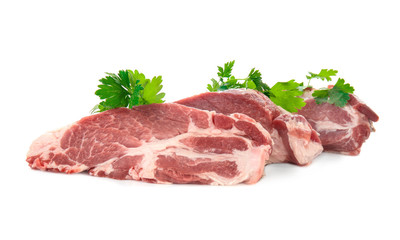 Fresh raw meat with parsley on white background