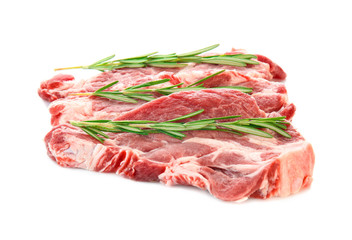 Fresh raw meat with rosemary on white background
