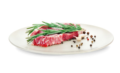 Plate with fresh raw meat, isolated on white