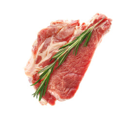 Fresh raw meat with rosemary on white background