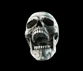 Human skull on Rich Colors a Black Isolated Background. The concept of death, horror. A symbol of spooky Halloween. 3d rendering illustration.