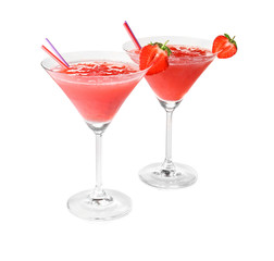 Glasses of delicious strawberry cocktail on white background