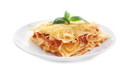 Portion of tasty lasagna, isolated on white