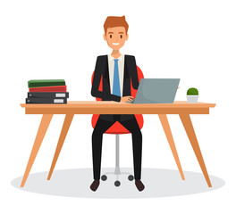 Business man working with laptop character in office room. Illustration vector of business people.