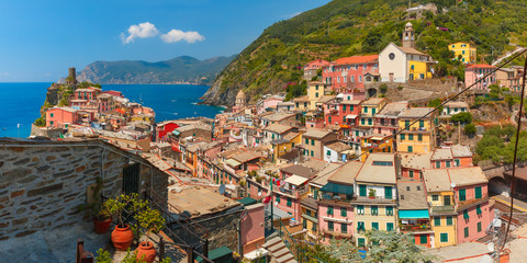 Fototapeta na wymiar Panoramic aerial view of Vernazza fishing village in Five lands and Mediterranean Sea, Cinque Terre National Park, Liguria, Italy.